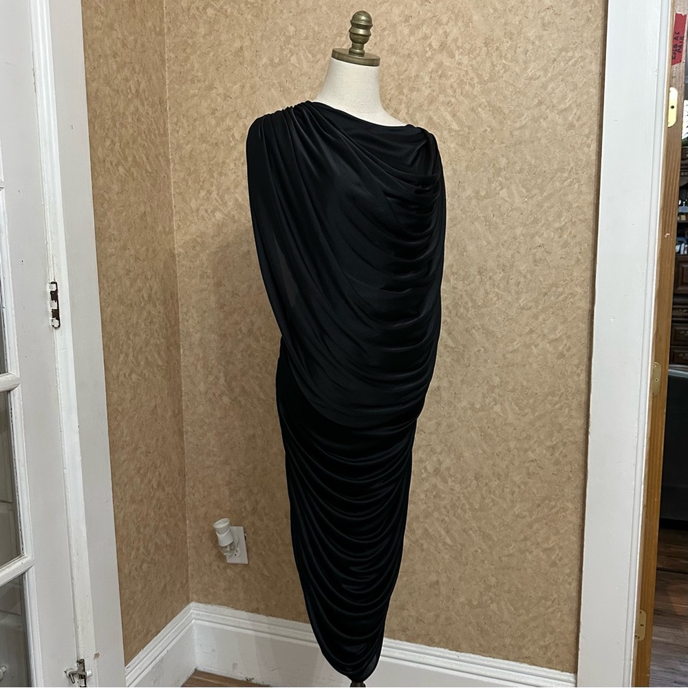 Vintage 80s Vampy Disco Caped Coffin Draped Jersey Black Party Dress